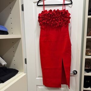 NADINE MERABI Vibrant Red Dress with Floral Accents